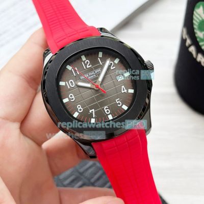 Replica Patek Philippe Aquanaut Red Rubber Strap Black Face Black Bezel Watch 40mm